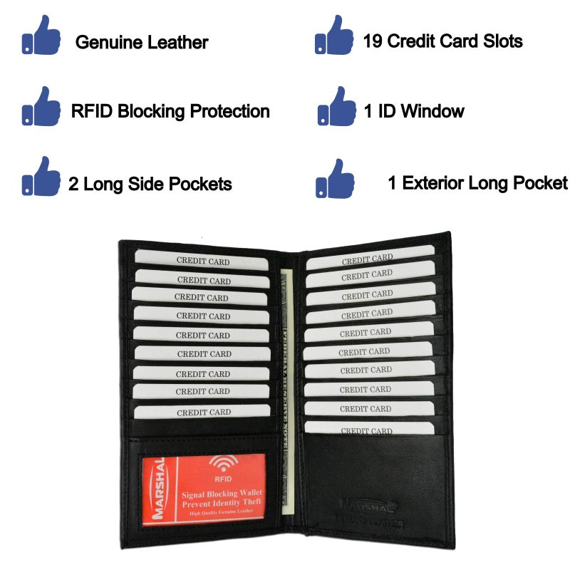 Marshal Bifold Leather RFID Blocking Wallet For Men & Women | Genuine Leather Holder With 19 Slots, 2 Bill Compartments & ID Window For Credit/Debit Cards, Money & More (Black) - Image 3